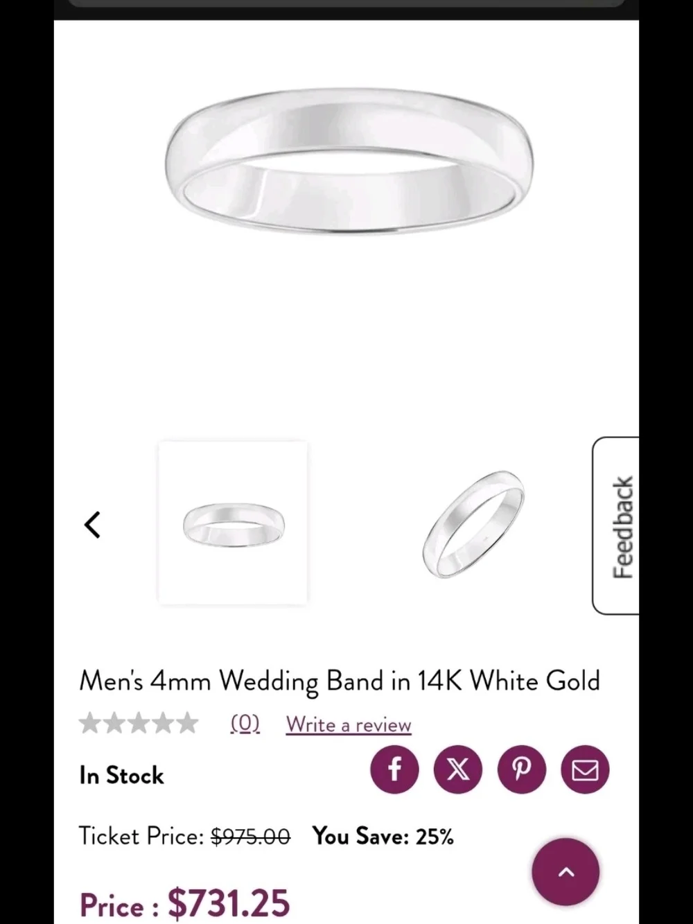 Men's 4mm 14k Wedding Band White Gold Size 10